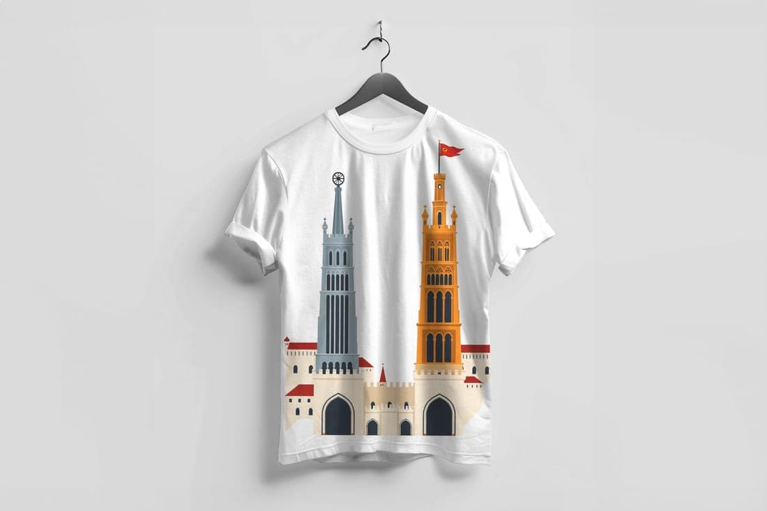 Two towers printed on a white t-shirt