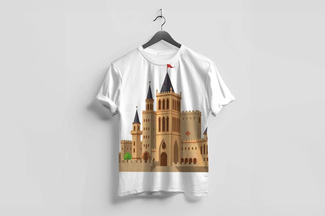 A cathedral printed on a white t-shirt