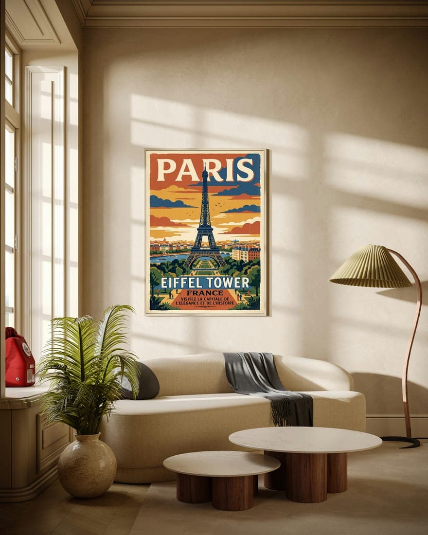 A Paris travel poster framed in a living room