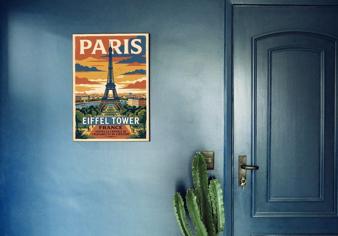 The same Paris poster framed beside a blue door