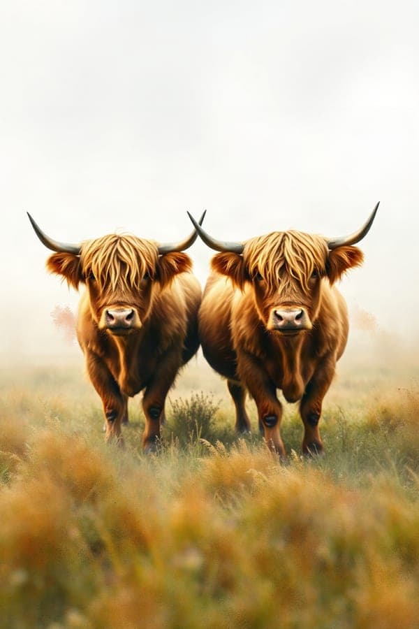 A painterly print of two highland cows in a field