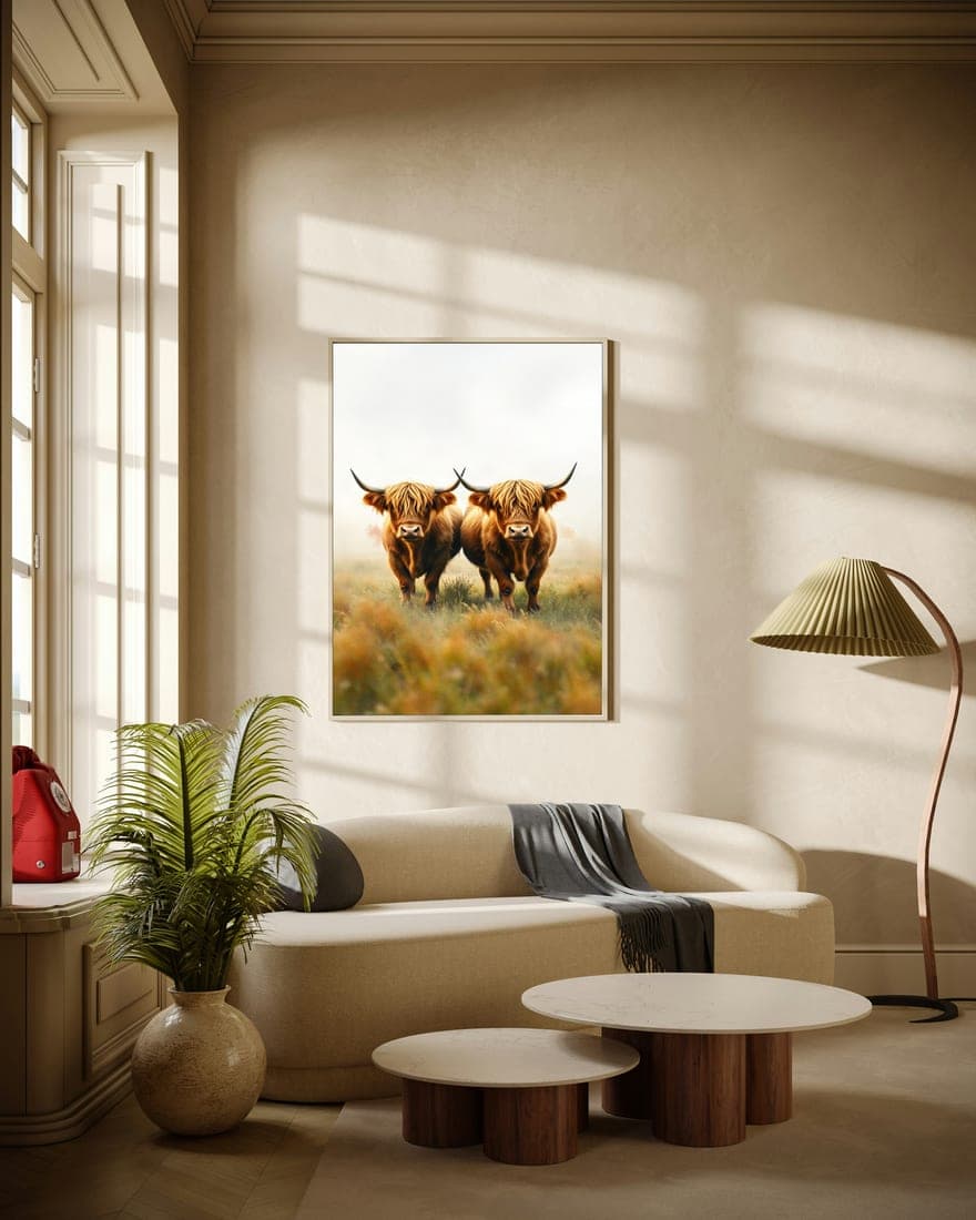 The highland cow print framed above a sofa