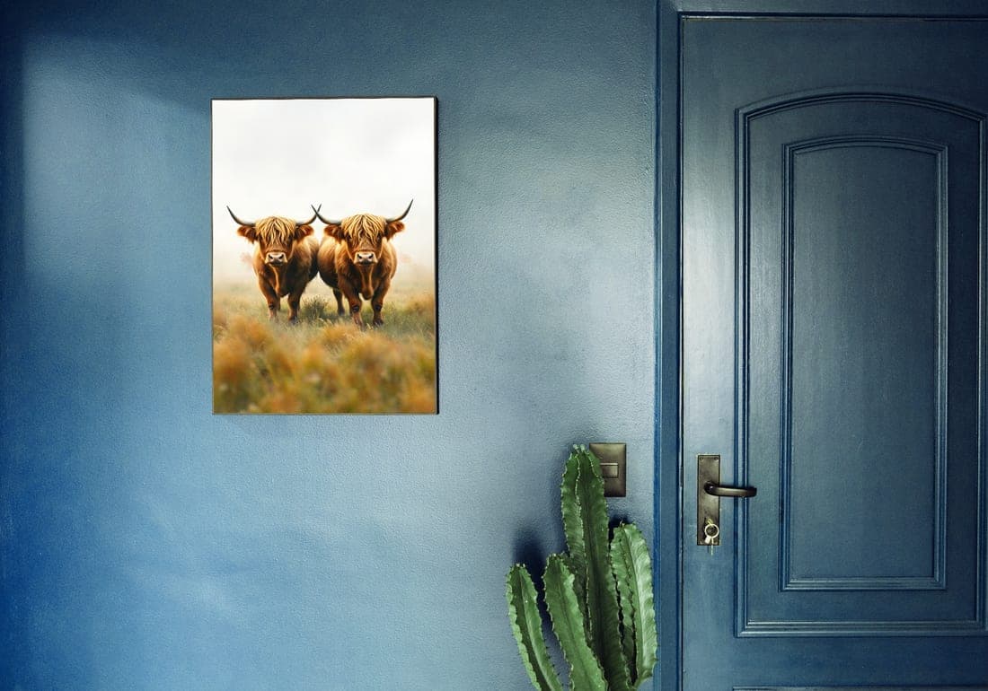 The same print framed beside a blue door