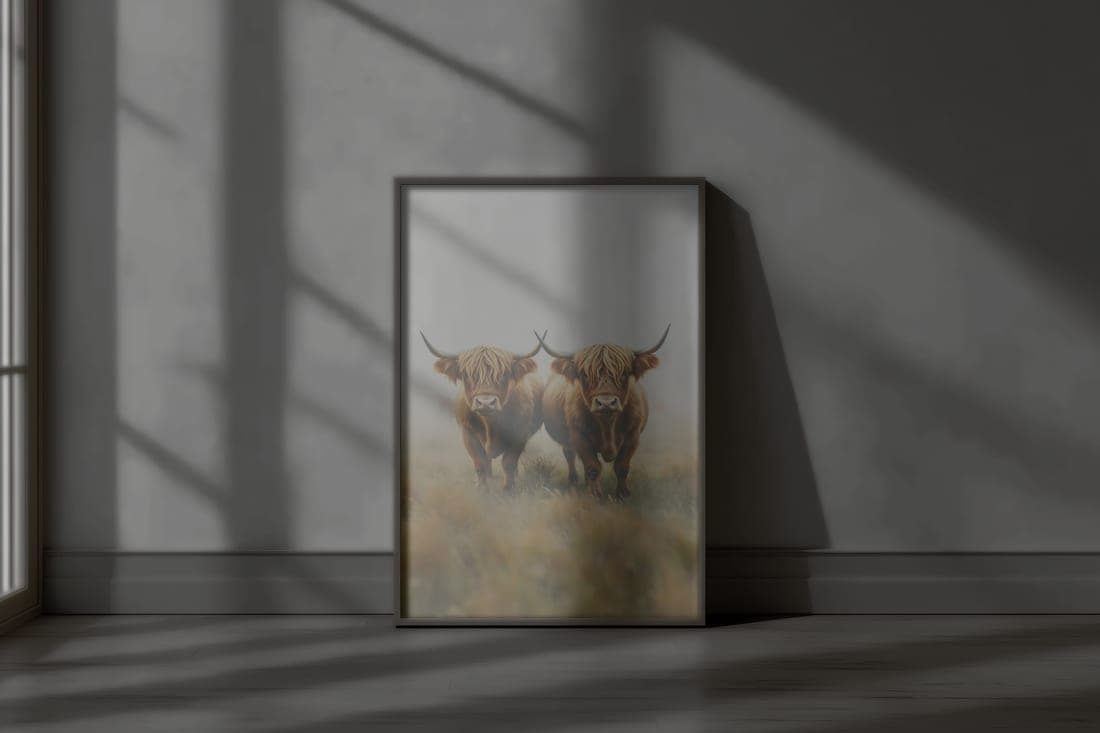 The print in a wooden frame leaning against a wall